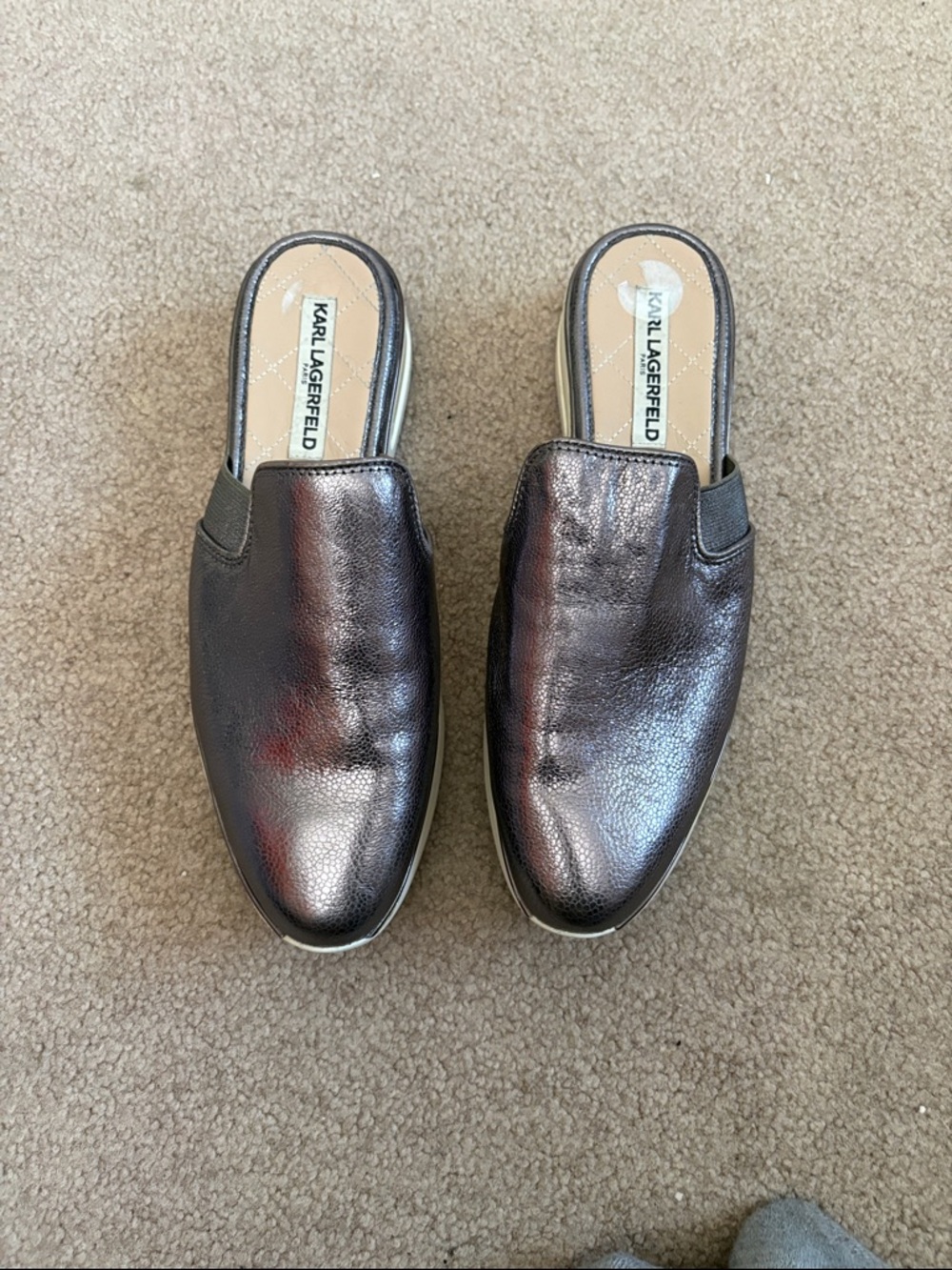 Karl Lagerfeld Metallic Pewter Slip-On Mules